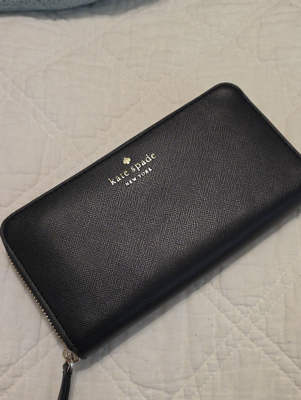 Kate Spade Black Saffiano Zip-Around Wallet with Gold Logo EUC